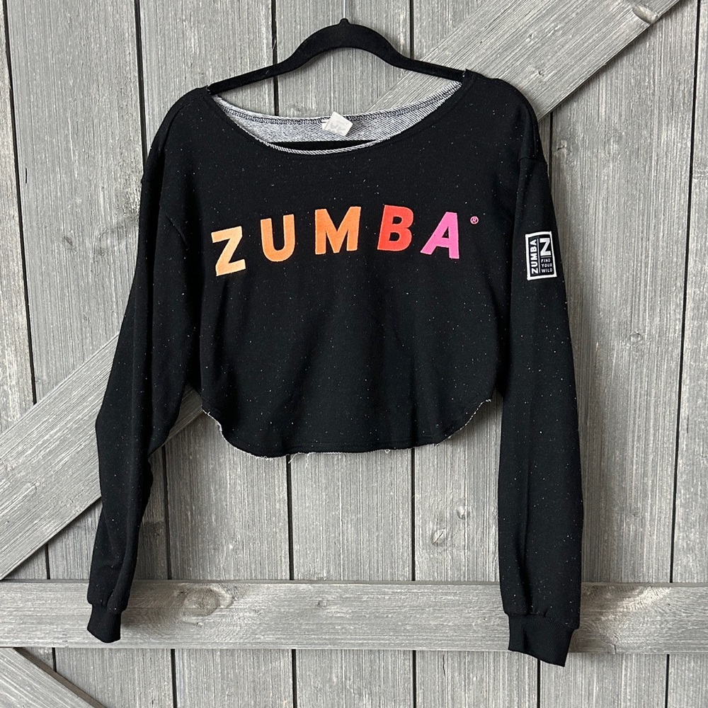 Zumba Fitness Black Cropped Sweatshirt with Orange-Red-Pink Gradient Logo